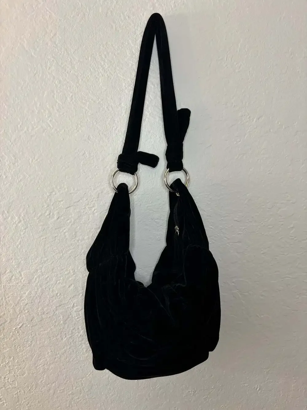 Black Velvet Hobo Shoulder Bag with Silver Rings
